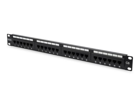 Patch panel 19" 24 porty, kat.6, U/UTP, 1U, wspornik kablowy, czarny (kompletny)