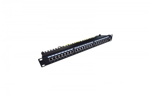 Panel krosowy (patch panel) 19'' 24x RJ45, kat.6, ekranowany, LSA poziom, prowadnica kabli, pola opisowe, 1U, czarny (kompletny)