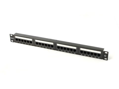 Patch panel 19" 24 porty, kat.5e, U/UTP, 1U, czarny (kompletny)