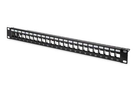 Panel krosowy (patch panel) modularny 19" 24 porty pod moduły keystone, 1U, ekranowany, prowadnica kabli, pola opisowe, czarny