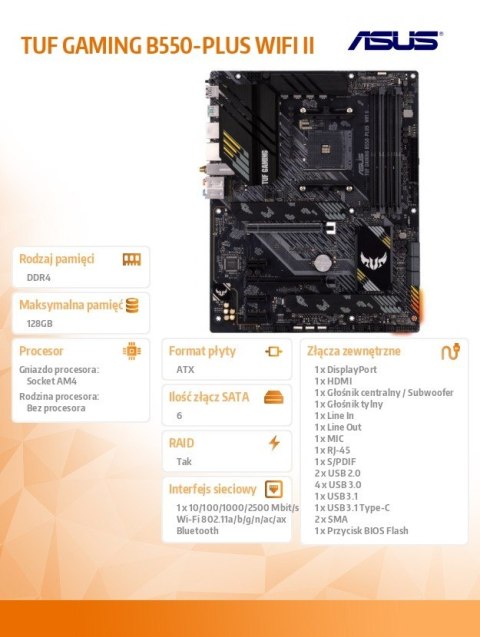 Płyta główna TUF GAMING B550-PLUS WI FI II AM4 4DDR4 HDMI/DP M.2 ATX Płyta główna TUF GAMING B550-PLUS WI FI II AM4 4DDR4 HDMI/DP M.2 ATX