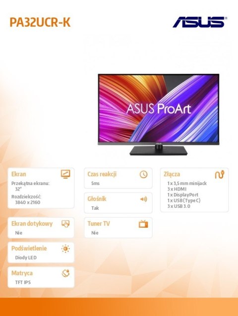 Monitor 32 cale PA32UCR-K IPS HDMI DP USB-C Monitor 32 cale PA32UCR-K IPS HDMI DP USB-C