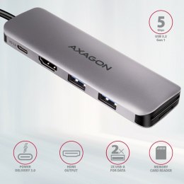 HMC-5 Wieloportowy hub USB 5in1, 5Gbps, 2x USB-A, HDMI 4K/30Hz, SD/microSD, PD 100W, 20cm USB-C kabel