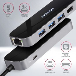 HMC-6GL Wieloportowy hub USB 6in1, 5Gbps, 3x USB-A, HDMI 4K/30Hz, GLAN, PD 100W, 20cm USB-C kabel