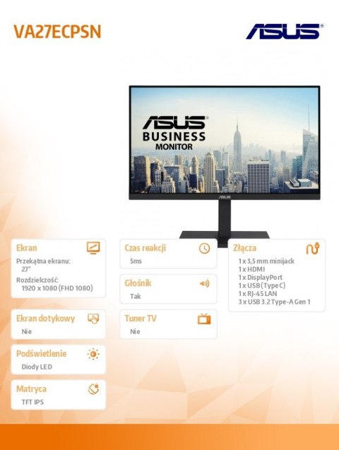 Monitor 27 cali VA27ECPSN DP, HDMI, TYPEC, 3XUSB, RJ45, GŁOŚNIKI Monitor 27 cali VA27ECPSN DP, HDMI, TYPEC, 3XUSB, RJ45, GŁOŚNIKI