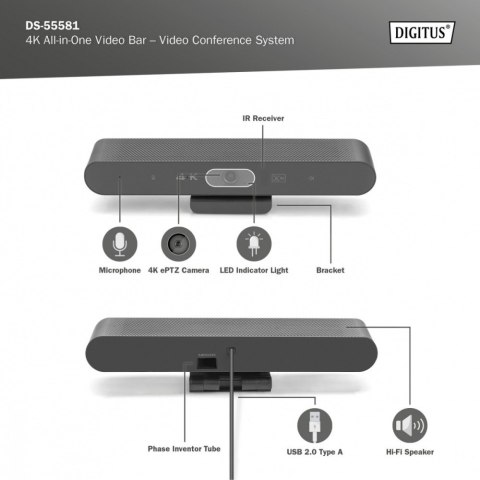 System wideokonferencji 4K ePTZ szeroki kąt 90° Sensor 3.0'' 8MP Hi-Fi, 2 mikrofony, pilot System wideokonferencji 4K ePTZ szeroki kąt 90° Sensor 3.0'' 8MP Hi-Fi, 2 mikrofony, pilot