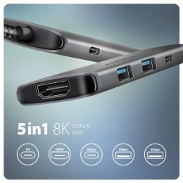 HMC-5H8K Wieloportowy hub USB 5in1, 5Gbps, 2x USB-A, 1x USB-C, HDMI 8K/30Hz, PD 100W, 15cm USB-C kabel