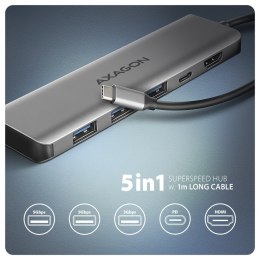 HMC-5H Wieloportowy hub USB 5in1, 5Gbps, 3x USB-A, HDMI 4K/30Hz, PD 100W, 100cm USB-C kabel