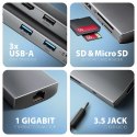 HMC-8HLSA Wieloportowy hub USB 9in1, 5Gbps, 3x USB-A + HDMI 4K/30Hz, SD/microSD, GLAN, Audio, PD 100W, 20cm USB-C kabel