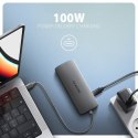 HMC-8HLSA Wieloportowy hub USB 9in1, 5Gbps, 3x USB-A + HDMI 4K/30Hz, SD/microSD, GLAN, Audio, PD 100W, 20cm USB-C kabel