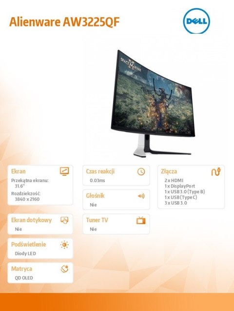 Monitor AW3225QF 31.6 cala Curved NVIDIA G-Sync Compatible 240Hz OLED 4K (3840x2160)/16:9/2xHDMI/5xUSB 3.2/3Y AES&PPE Monitor AW3225QF 31.6 cala Curved NVIDIA G-Sync Compatible 240Hz OLED 4K (3840x2160)/16:9/2xHDMI/5xUSB 3.2/3Y AES&PPE