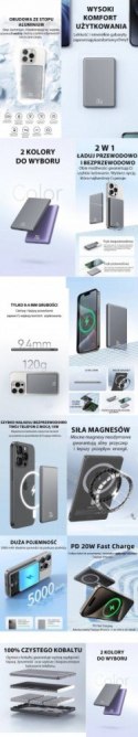 Powerbank indukcyjny 5000mAh MagSafe Fast Charging PD 20W Szary