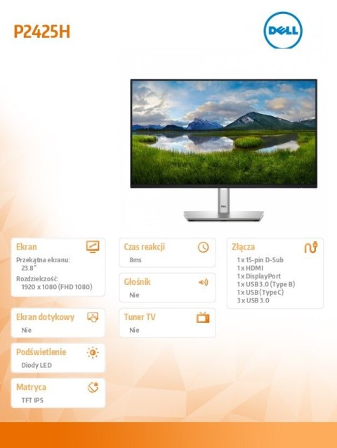Monitor 24 cale P2425H LED IPS 1920x1080/16:9/DP/VGA/HDMI/USB/3Y Monitor 24 cale P2425H LED IPS 1920x1080/16:9/DP/VGA/HDMI/USB/3Y