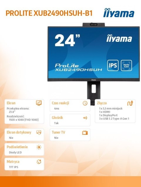 Monitor 24 cale XUB2490HSUH-B1 IPS,FHD,CAM,MIC,HDMI,DP,3xUSB(3.2), 100Hz,250cd,4ms,ADAPTIVE SYNC,FlickerFree,2x2W,WINDOWS HELLO Monitor 24 cale XUB2490HSUH-B1 IPS,FHD,CAM,MIC,HDMI,DP,3xUSB(3.2), 100Hz,250cd,4ms,ADAPTIVE SYNC,FlickerFree,2x2W,WINDOWS HELLO