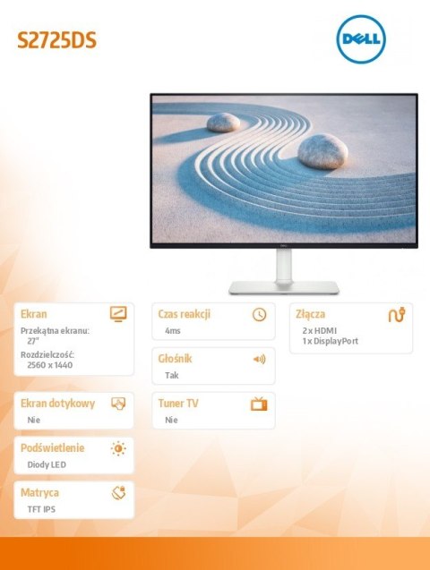 Monitor 27 cali S2725DS IPS LED 100Hz QHD (2560x1440)/16:9/2xHDMI/DP/Speakers/fully adjustable stand/3Y Monitor 27 cali S2725DS IPS LED 100Hz QHD (2560x1440)/16:9/2xHDMI/DP/Speakers/fully adjustable stand/3Y