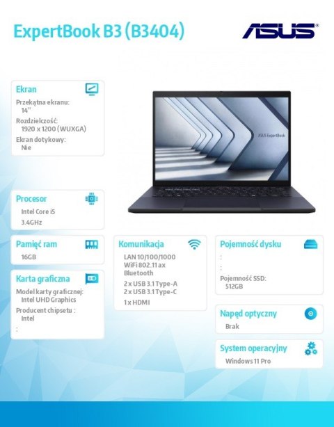 Notebook ExpertBook B3 B3404CVA-Q50137X - i5-1335U/16GB/512GB/14" WUXGA/Win 11 PRO/3YRS Notebook ExpertBook B3 B3404CVA-Q50137X - i5-1335U/16GB/512GB/14" WUXGA/Win 11 PRO/3YRS