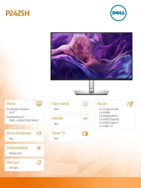 Monitor 24 cale P2425H LED IPS 1920x1080/16:9/HDMI/DP/VGA/USB-C/USB/5Y Monitor 24 cale P2425H LED IPS 1920x1080/16:9/HDMI/DP/VGA/USB-C/USB/5Y