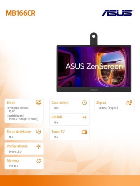 Monitor ZenScreen MB166CR IPS LED USB-C FHD Monitor ZenScreen MB166CR IPS LED USB-C FHD