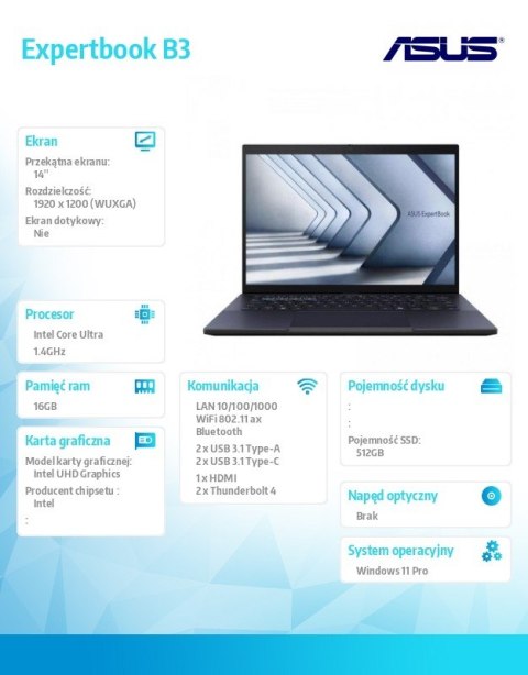Notebook ExpertBook B3 B3404CMA-Q50360X - ultra 7 155H/16GB/512GB/14" WUXGA/Win 11 PRO/3YRS Notebook ExpertBook B3 B3404CMA-Q50360X - ultra 7 155H/16GB/512GB/14" WUXGA/Win 11 PRO/3YRS