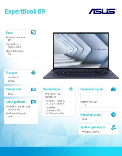 Notebook ExpertBook B9 B9403CVAR-KM0682X 14 cali OLED 90Hz core 7 150U 32GB/1TB/W11 Pro Notebook ExpertBook B9 B9403CVAR-KM0682X 14 cali OLED 90Hz core 7 150U 32GB/1TB/W11 Pro