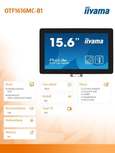 Monitor 16 cali OTF1616MC-B1, VA,poj.10pkt.1100cd,IP65, outdoor, VGA,HDMI,DP,RJ45 Monitor 16 cali OTF1616MC-B1, VA,poj.10pkt.1100cd,IP65, outdoor, VGA,HDMI,DP,RJ45