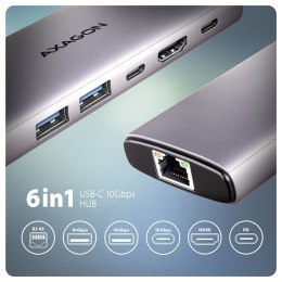 HMC-6G2L Wieloportovy hub USB 6in1, 10Gbps, 2xUSB-A, 1xUSB-C, HDMI 4K/60Hz, PD 100W, GLAN, 15cm USB-C kabel