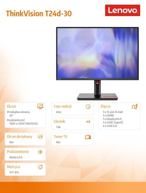 Monitor ThinkVision T24d-30 24 cale 63FFMAT1EU Monitor ThinkVision T24d-30 24 cale 63FFMAT1EU