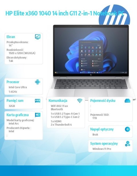 Notebook Elite x360 1040 G11 U7-155H 1TB/32GB/W11P/14.0 9G0X5ET Notebook Elite x360 1040 G11 U7-155H 1TB/32GB/W11P/14.0 9G0X5ET
