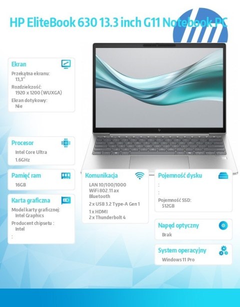 Notebook EliteBook 630 G11 U5-135U 512GB/16GB/W11P/13,3 A37VNET Notebook EliteBook 630 G11 U5-135U 512GB/16GB/W11P/13,3 A37VNET