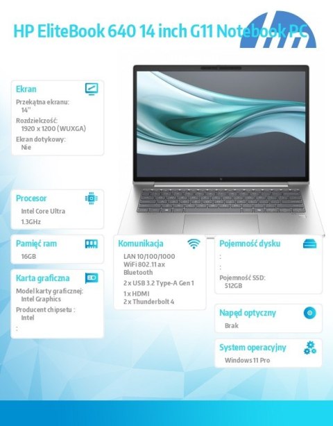 Notebook EliteBook 640 G11 U5-125U 512GB/16GB/W11Pro/14.0 A37VRET Notebook EliteBook 640 G11 U5-125U 512GB/16GB/W11Pro/14.0 A37VRET