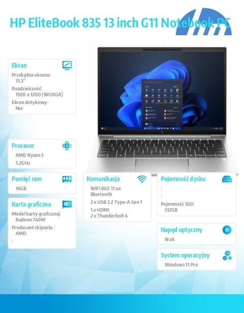 Notebook EliteBook 835 G11 Ryzen 5 8540U 512GB/16GB/W11Pro/13.3 9G0X8ET Notebook EliteBook 835 G11 Ryzen 5 8540U 512GB/16GB/W11Pro/13.3 9G0X8ET