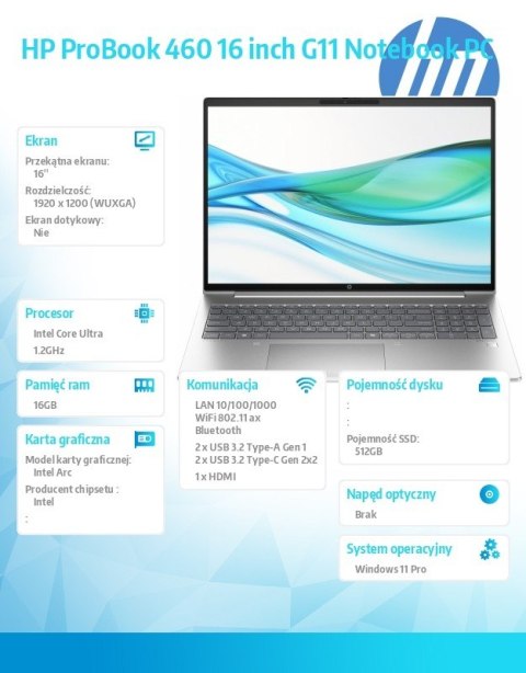 Notebook ProBook 460 G11 U5-125H 512GB/16GB/W11P/16 cali A38DNET Notebook ProBook 460 G11 U5-125H 512GB/16GB/W11P/16 cali A38DNET