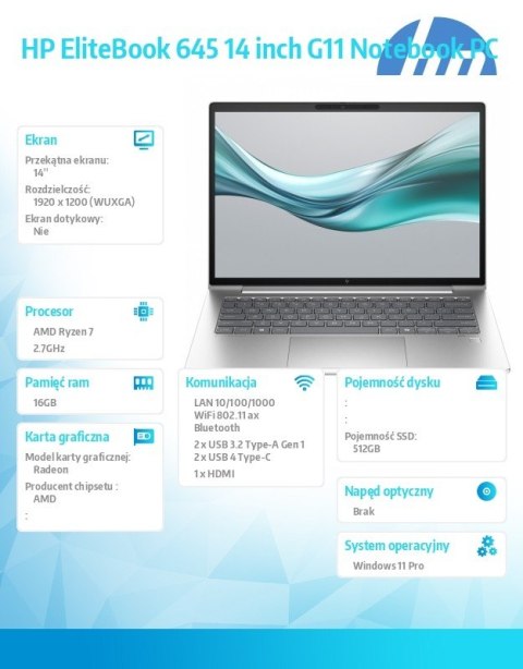 Notebook EliteBook 645 G11 Ryzen 7 7735U 512GB/16GB/W11Pro/14.0 A38D7ET Notebook EliteBook 645 G11 Ryzen 7 7735U 512GB/16GB/W11Pro/14.0 A38D7ET