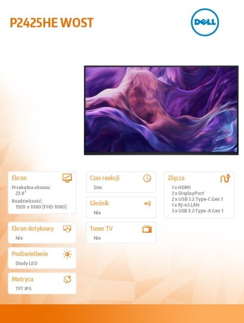 Monitor 23.8 cala P2425HEWO IPS 1920x1080/16:9/HDMI/DP/USBC/RJ45/USB/No stand/3Y Monitor 23.8 cala P2425HEWO IPS 1920x1080/16:9/HDMI/DP/USBC/RJ45/USB/No stand/3Y