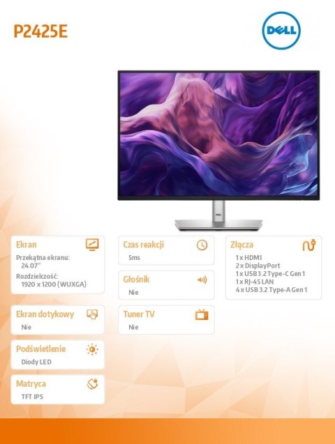 Monitor 24.07 cala P2425E 16:10 WUXGA/HDMI/USBC/DP/RJ45/USB/5Y Monitor 24.07 cala P2425E 16:10 WUXGA/HDMI/USBC/DP/RJ45/USB/5Y
