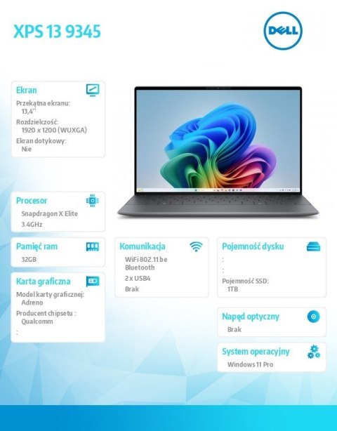 Notebook XPS 13 9345 Win11Pro XELITE12C/32GB/1TB/13.4 FHD+ AntiGlare/UMA GPU/FgrPr/FHD/IR Cam/Mic/WLAN + BT/Backlit Kb/3 Cell/3Y Notebook XPS 13 9345 Win11Pro XELITE12C/32GB/1TB/13.4 FHD+ AntiGlare/UMA GPU/FgrPr/FHD/IR Cam/Mic/WLAN + BT/Backlit Kb/3 Cell/3Y