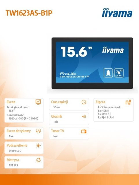 Monitor 16 cali TW1623AS-B1P,10P.DOT.IPS,ANDROID13,WIFI,24/7,RJ45, HDMI,3xUSB Monitor 16 cali TW1623AS-B1P,10P.DOT.IPS,ANDROID13,WIFI,24/7,RJ45, HDMI,3xUSB