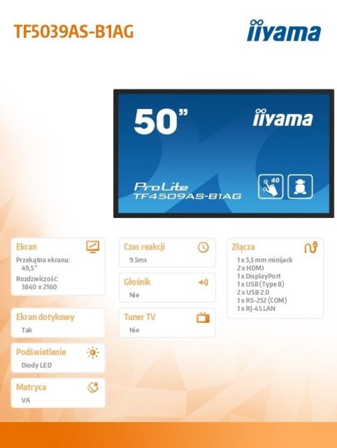 Monitor 50 cali TF5039AS-B1AG, VA,4K,HDMIx2,DP,RJ45,3xUSB,2x10W, ANDROID,24/7,IP65 Monitor 50 cali TF5039AS-B1AG, VA,4K,HDMIx2,DP,RJ45,3xUSB,2x10W, ANDROID,24/7,IP65