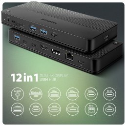 HMC-U4 Wieloportowy hub USB 12in1, USB 4.0 40Gbps, 3x USB-A, 2x USB-C, GLAN, HDMI 8K, DP 8K, PD 100W, HQ audio 24bit, UHS II SD/