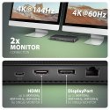 HMC-U4 Wieloportowy hub USB 12in1, USB 4.0 40Gbps, 3x USB-A, 2x USB-C, GLAN, HDMI 8K, DP 8K, PD 100W, HQ audio 24bit, UHS II SD/