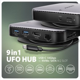 HMC-UFO Wieloportowy hub USB 9in1, 10Gbps, 2x USB-A, HDMI 4K/60Hz, M.2 NVMe/SATA, audio, PD 100W, SD/microSD, GLAN, 65cm USB-C k