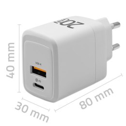 Ładowarka sieciowa 20W GaN | 5-20V | 1.5-3A | 1xUSB-C PD | 1xUSB QC 3.0 | Biała