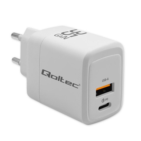 Ładowarka sieciowa 35W GaN | 5-20V | 1.5-3A | 1xUSB-C PD | 1xUSB QC 3.0 | Biała