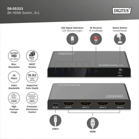 Przełącznik/Switch 8K HDMI 3x1, 60Hz (4:4:4), HDR, HDCP 2.3, pilot, Czarny Przełącznik/Switch 8K HDMI 3x1, 60Hz (4:4:4), HDR, HDCP 2.3, pilot, Czarny