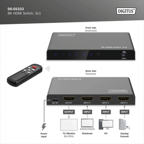 Przełącznik/Switch 8K HDMI 3x1, 60Hz (4:4:4), HDR, HDCP 2.3, pilot, Czarny Przełącznik/Switch 8K HDMI 3x1, 60Hz (4:4:4), HDR, HDCP 2.3, pilot, Czarny