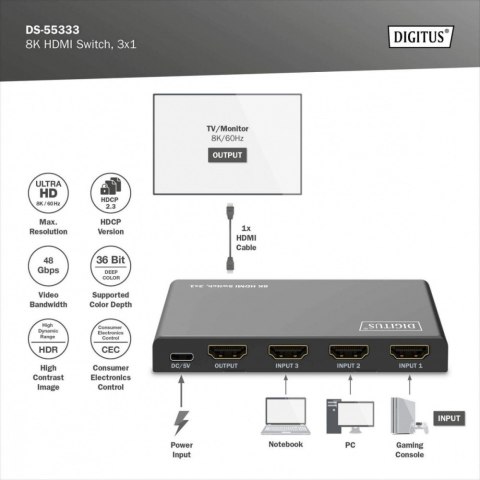 Przełącznik/Switch 8K HDMI 3x1, 60Hz (4:4:4), HDR, HDCP 2.3, pilot, Czarny Przełącznik/Switch 8K HDMI 3x1, 60Hz (4:4:4), HDR, HDCP 2.3, pilot, Czarny
