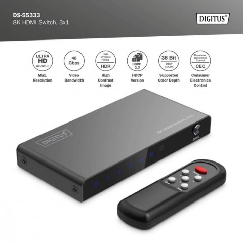 Przełącznik/Switch 8K HDMI 3x1, 60Hz (4:4:4), HDR, HDCP 2.3, pilot, Czarny Przełącznik/Switch 8K HDMI 3x1, 60Hz (4:4:4), HDR, HDCP 2.3, pilot, Czarny
