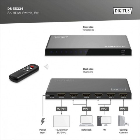 Przełącznik/Switch 8K HDMI 5x1, 60Hz (4:4:4), HDR, HDCP 2.3, pilot, Czarny Przełącznik/Switch 8K HDMI 5x1, 60Hz (4:4:4), HDR, HDCP 2.3, pilot, Czarny