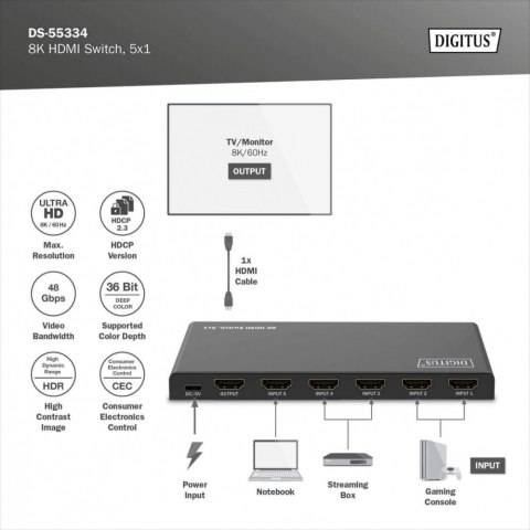 Przełącznik/Switch 8K HDMI 5x1, 60Hz (4:4:4), HDR, HDCP 2.3, pilot, Czarny Przełącznik/Switch 8K HDMI 5x1, 60Hz (4:4:4), HDR, HDCP 2.3, pilot, Czarny