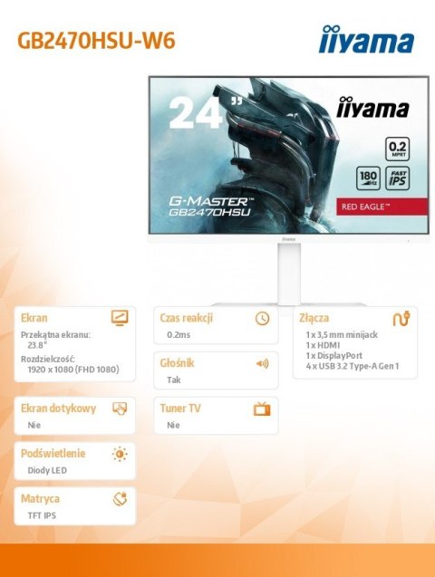 Monitor 24 cale GB2470HSU-W6 0.2ms, IPS, DP, HDMI, 180Hz, 300cd Monitor 24 cale GB2470HSU-W6 0.2ms, IPS, DP, HDMI, 180Hz, 300cd